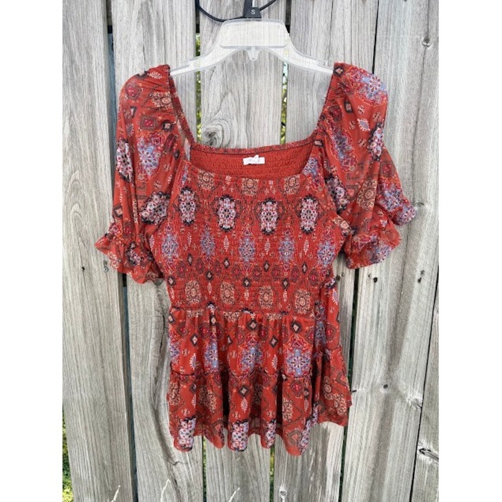 Boho Peplum Maurices Top L Orange Medallion Smocked Mesh Puff Sleeve Tiered